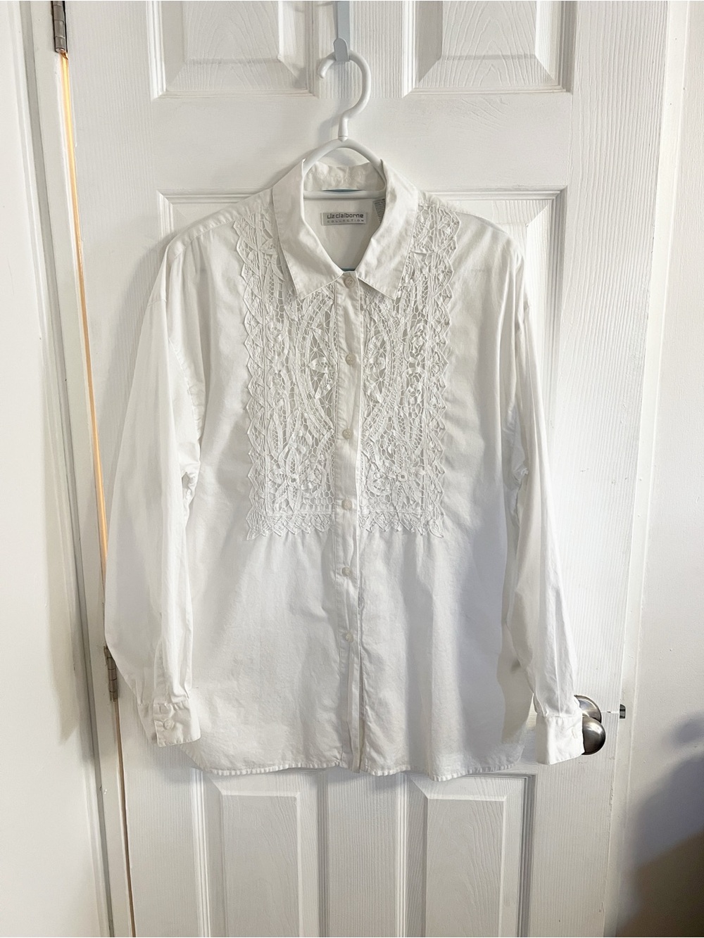 Vintage Liz Claiborne White Button-Down Shirt with Crotchet Front Bib L